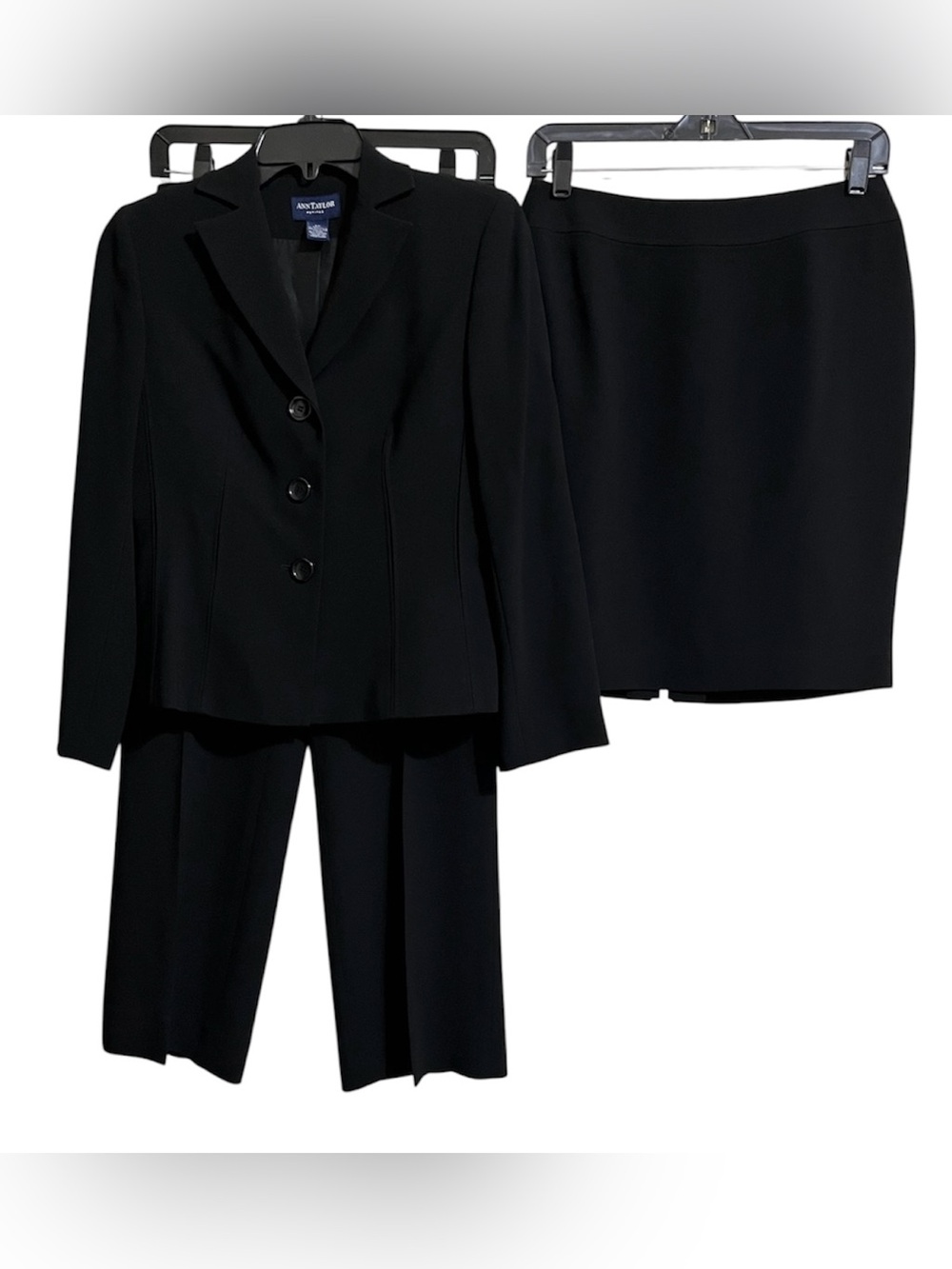 Ann Taylor Black Women’s 3 Piece Button Down Blazer Pants Skirt Size 4 PETITE